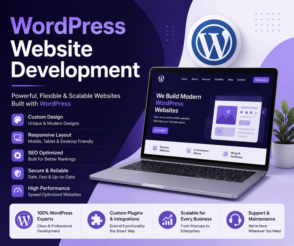 WordPress website development featuring a modern responsive website displayed on a laptop, with SEO, security, performance, and custom design elements.